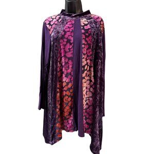 LOGO Lavish Womens 1X Purple Velvet & Floral Print Tunic Top